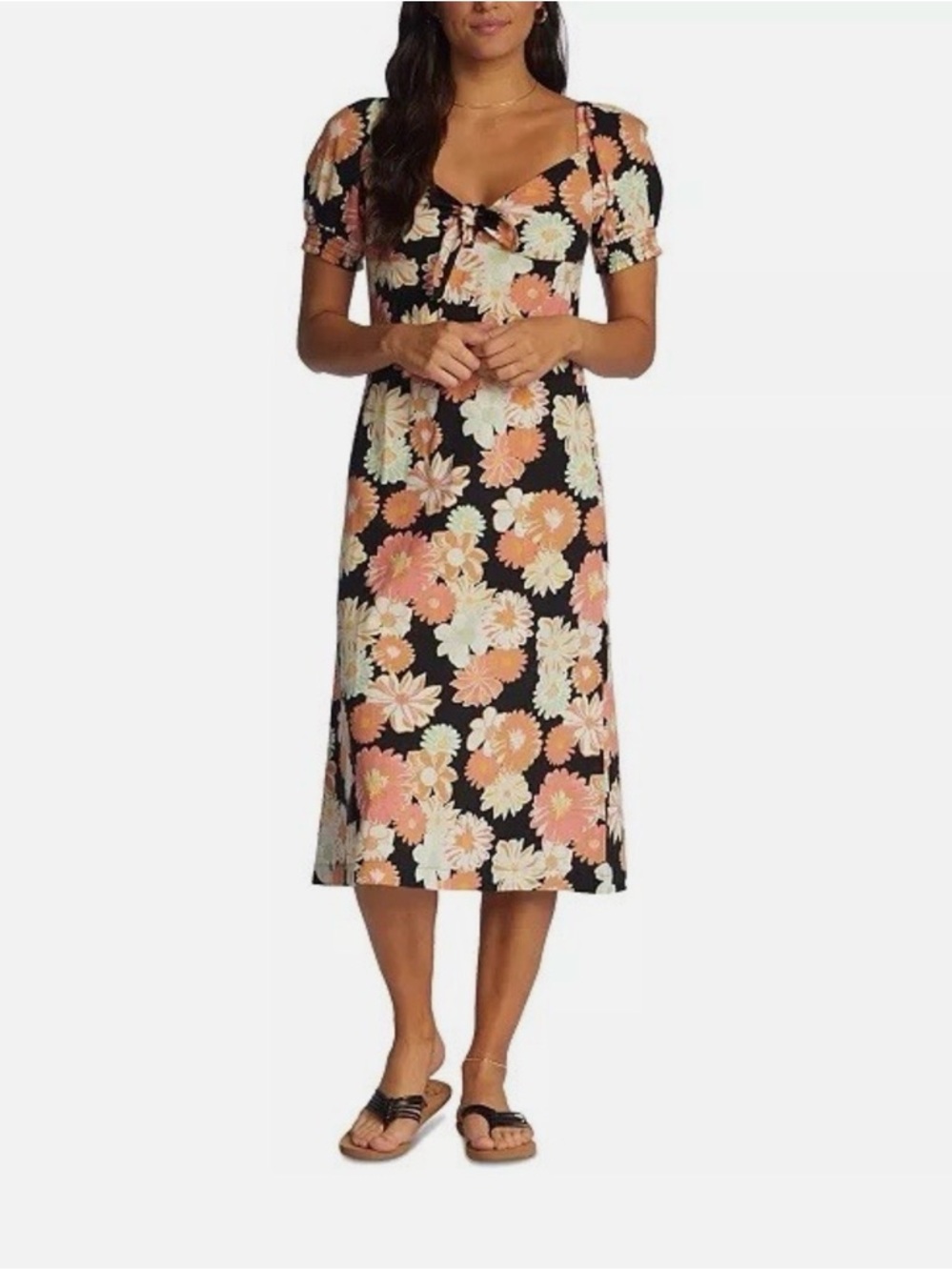 Roxy Black Floral Tie-Front Midi Dress with Peach and Cream Blooms